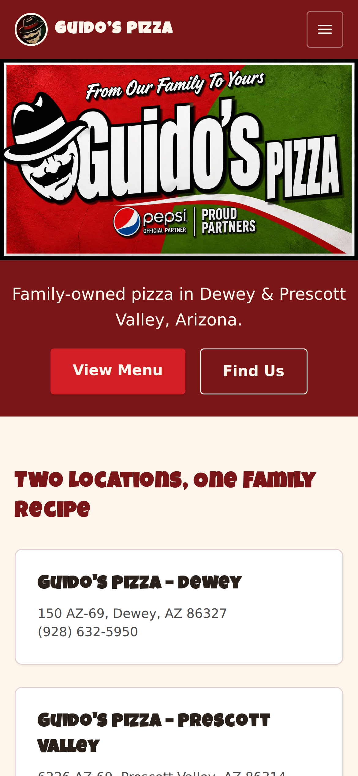 The Guido's Pizza site on a phone